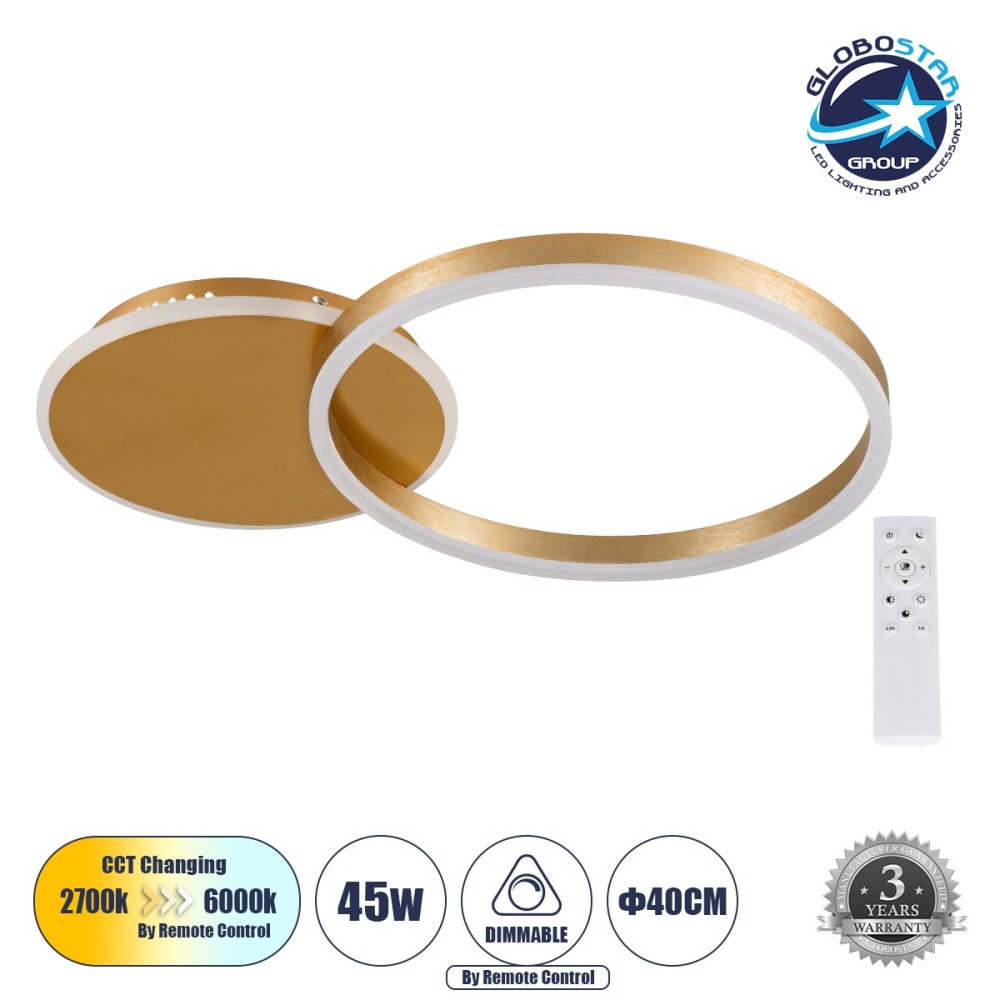 GLOBOSTAR® VENOM 61119 Μοντέρνο Φωτιστικό Οροφής LED 45W 5445lm 360° AC 220-240V IP20 Ρυθμιζόμενο Λευκό CCT με Χειριστήριο από 2700K έως 6000K Dimmable - Lumileds SMD Chip - Χρυσό Βούρτσας - Μ60 x Π40 x Υ7.5cm - 3 Χρόνια Εγγύηση